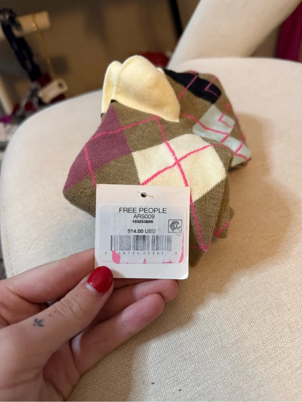 Free People Argyle Crew Socks in Pink, Olive & Cream NWT